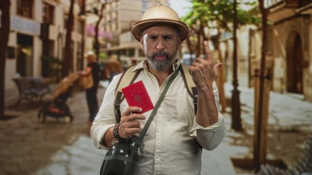 Man with backpack and straw hat holding a red passport with hand to chin in a narrow street; thinking pondering doubt uncertainty.