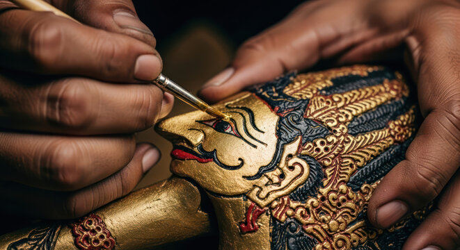 Artisans Hands Meticulously Painting a Traditional Wayang Kulit Puppet.