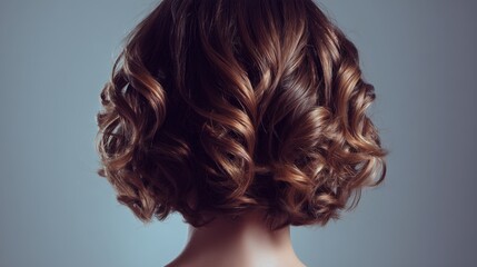 Fototapeta premium Woman with modern curly bob haircut viewed from the back soft lighting highlights elegant minimal hairstyle