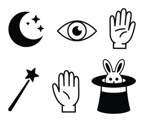 Fototapeta premium Collection of Magic and Mystical Moon, Stars, Eye, Hands, Wand, Rabbit in Hat