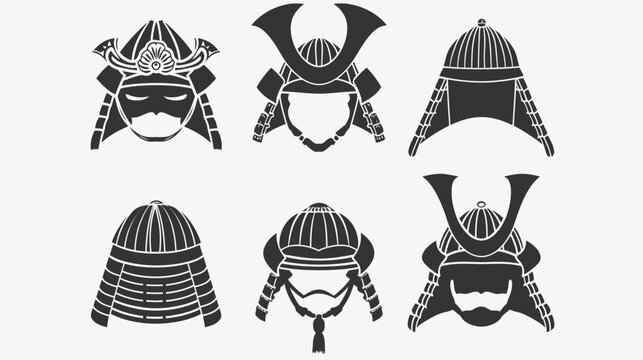 Six black & white vector illustrations of samurai helmets on a bright white backdrop
