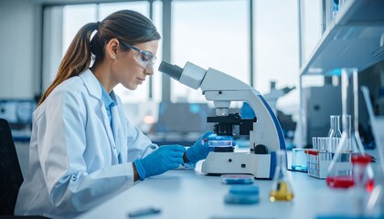 Naklejka premium Scientist in lab coat examines sample through microscope at laboratory table with various equipment.