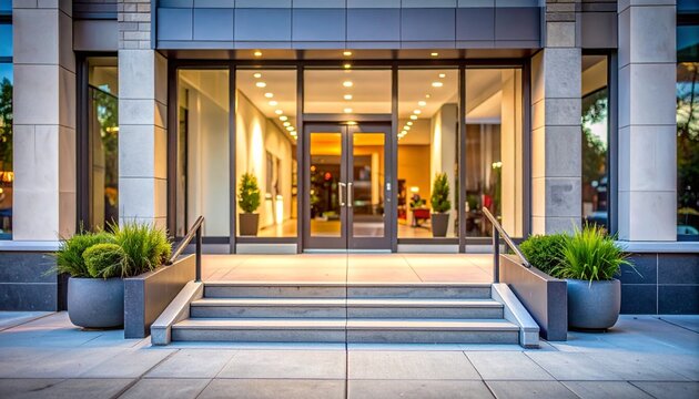 Entrance of a modern building with glass doors and potted plants on the sidewalk outside