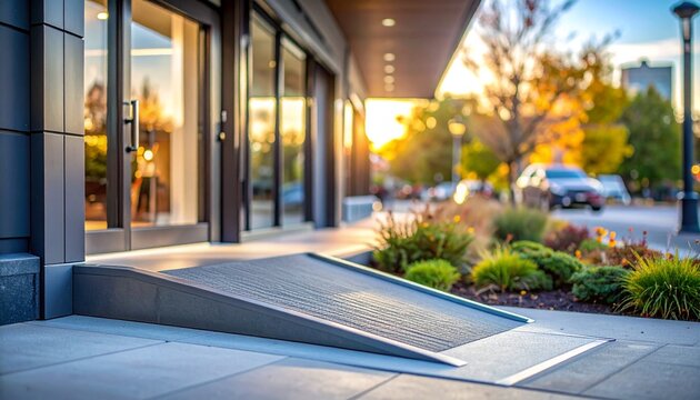 A sleek ramp leads to a modern building's entrance on a sunny day with cars and trees in the background.
