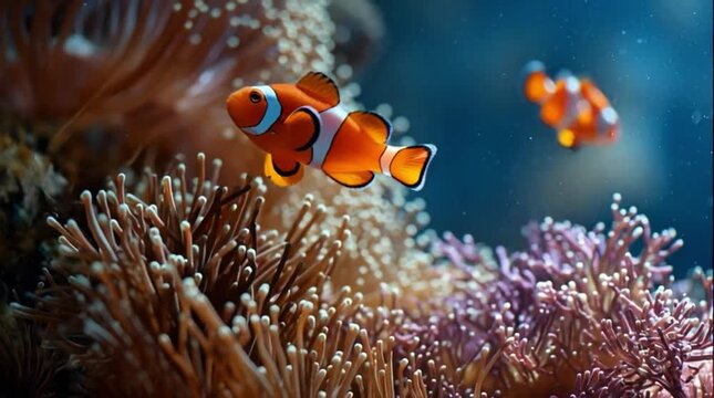 Clownfish swimming in coral reef underwater scene