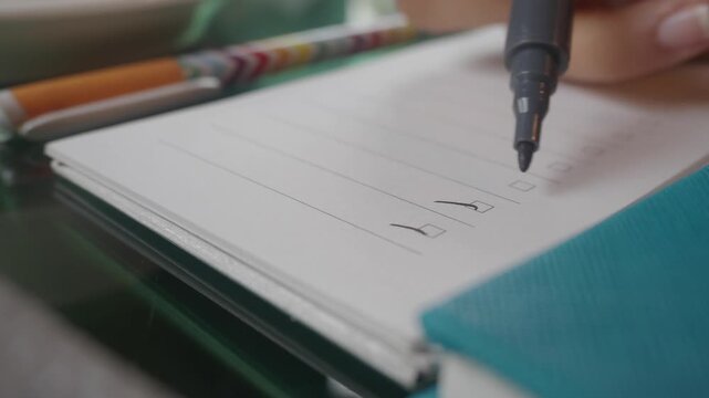 Woman marking check boxes in daily planner with black ink marker for task accomplishment.