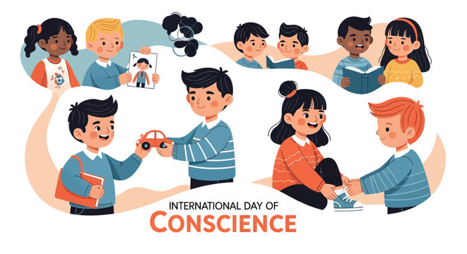 Illustration of diverse people promoting global conscience awareness with peace and ethics concept in a social responsibility context.