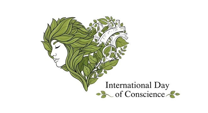 Illustration of a woman's face made of leaves and flowers forming a heart shape with the text 'International Day of Conscience' on a white background, conveying global conscience awareness