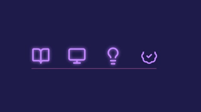 A modern collection of glowing outline icons representing digital learning, innovative solutions, and structured progress in technology assembly