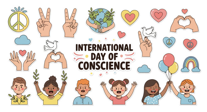 Illustration of diverse people and symbols promoting global conscience awareness and peace on International Day of Conscience with colorful icons.