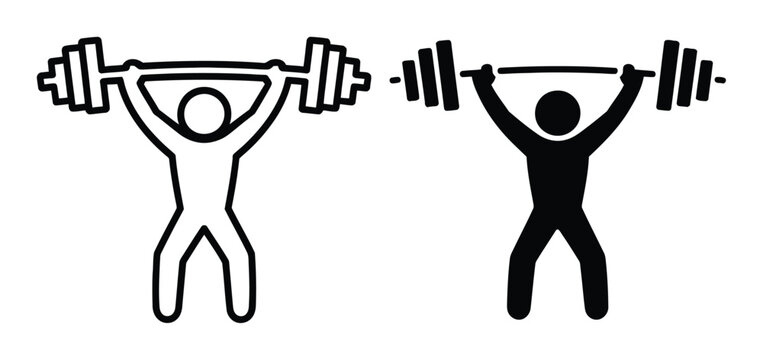 Two stick figures lifting barbells, one outlined, one solid black