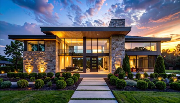 A serene evening view of a modern stone house with lush garden and pathway leading to the entrance under a colorful sky