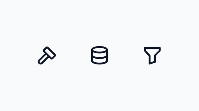 Conceptual icons representing a hammer, database, and filter symbolizing database management, data processing, and refinement in a minimalist design