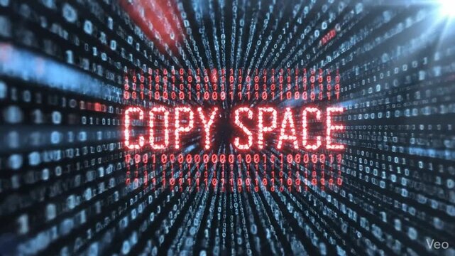 Dynamic digital flow of binary code zeros and ones on a solid dark background with bright sun ray illumination featuring glowing red central data and empty copy space for logo or text design.