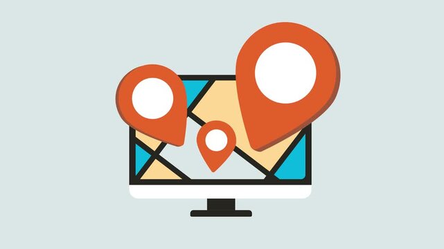 Hyperlocal search animation, desktop monitor with interactive map and red location pins, geolocation marketing strategy for business visibility. Local SEO map pins motion graphic seamless short video