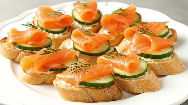 Smoked salmon canapes with cucumber and dill on white plate