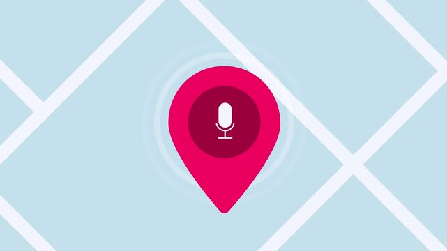 Local SEO and voice search optimization concept with magenta map pin and microphone icon pulsing over navigation grid. Interactive audio command technology for smart maps. Animation, motion graphics