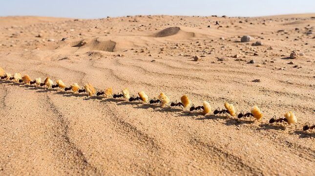 A line of ants diligently carrying food across a sandy desert landscape