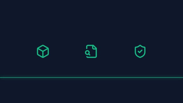 Modern minimalist icons representing cubes, search, and security, set against a dark background, symbolizing data, analysis, and protection for digital solutions
