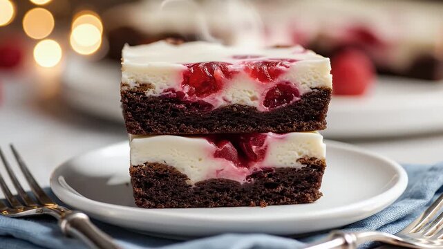 Stacked brownie bars with cherry cheesecake topping on white plate
