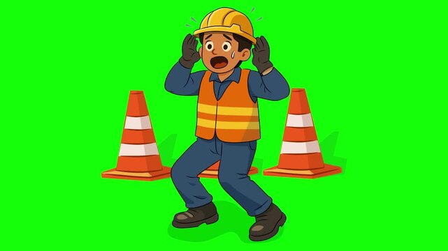construction worker panicking with traffic cones behind him