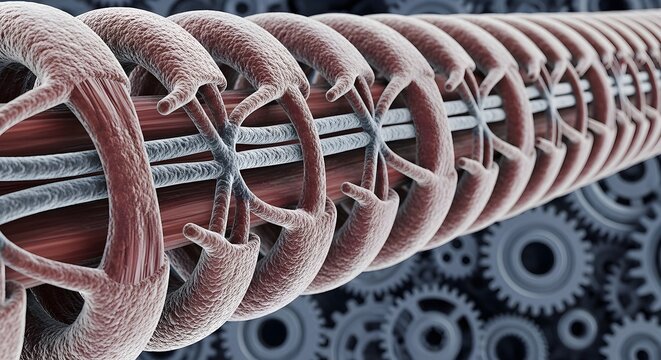 Microscopic view of muscle fiber structure with visible cross bridges forming between actin and myosin filaments