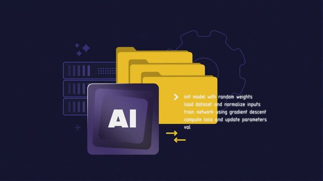 AI machine learning process animation with training autonomous models coding, large data file folders, llm ai automation concept. Artificial intelligence data analysis 2d motion graphic video clip