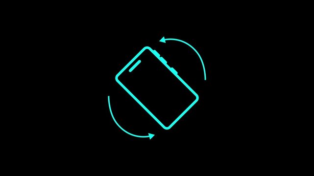 A glowing turquoise outline of a smartphone with circular arrows indicating rotation on a black background