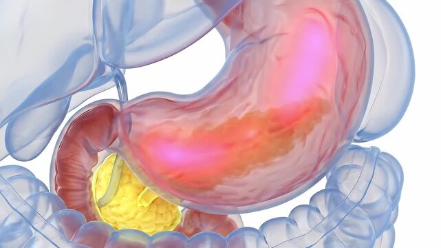Ai healthcare hologram stomach digestion anatomy intestine pancreas organ abdominal, transparent abdomen 3d render for diagnosis education, gastric discomfort inflammation gastrointestinal tract