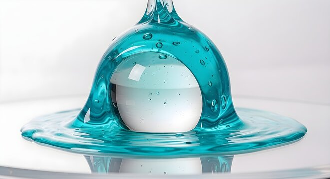 Viscous aqua gel slowly spreading and coating a transparent sphere with microbubbles