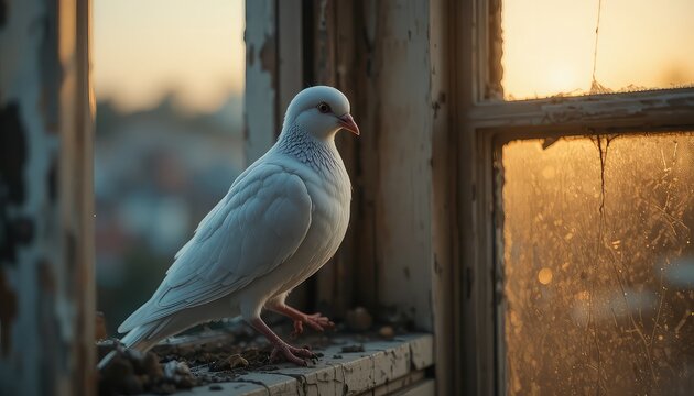  lonely white dove sitting on a broken window frame 