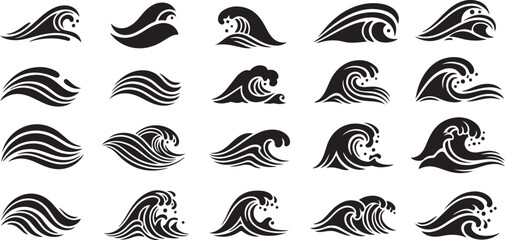 Fototapeta premium Collection of black and white wave icons and symbols