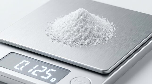 Precision Formulation: White mineral powder on digital laboratory scale