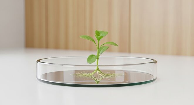 AgTech Innovation: Green plant sprout with visible roots in glass petri dish