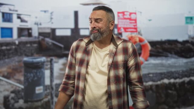 Man cups hands to mouth beside orange lifebuoy on street pier calling out to sea; help safety urgency.