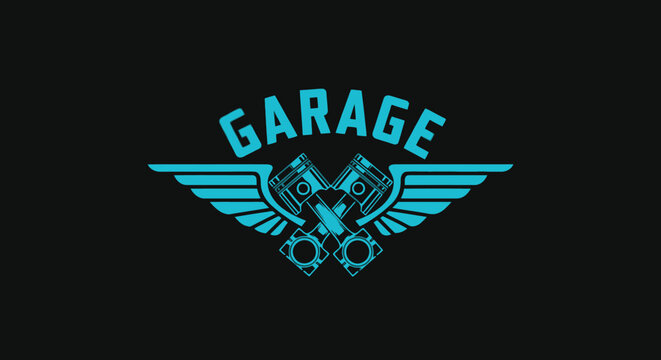 Garage Logo Design Featuring Pistons and Wings, Automotive Repair Shop Emblem.