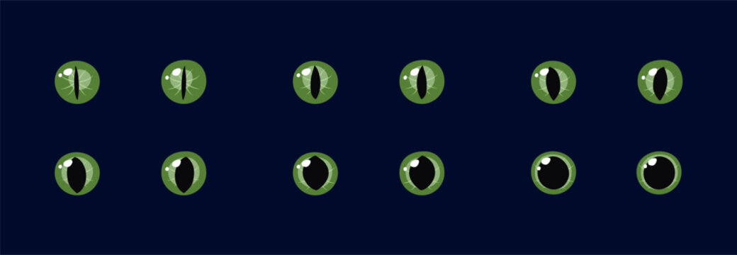 Set of green glowing eyes dark background fantasy magic cartoon animal reptile feline mammal monster demon dragon shiny pupil vector illustration
