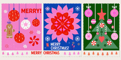 Festive christmas cards with colorful ornaments and holiday greetings © Apurba