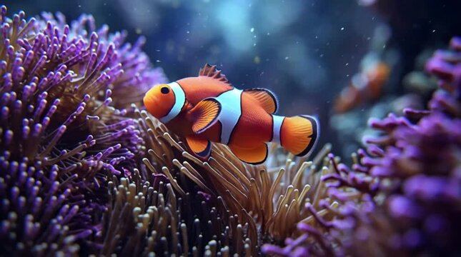 Clownfish swimming in coral reef underwater scene