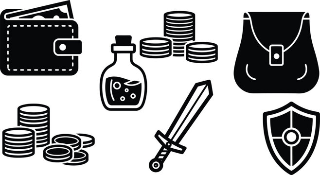 RPG game currency wallet and inventory icons for interface design