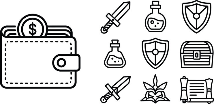 RPG game currency wallet and inventory icons for interface design