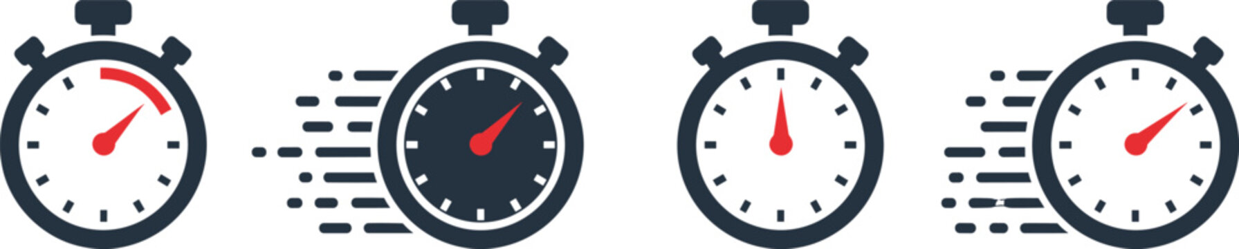 Four stopwatches with red hands and black faces, illustrating the passage of time, speed, and urgency in a dynamic sequence.