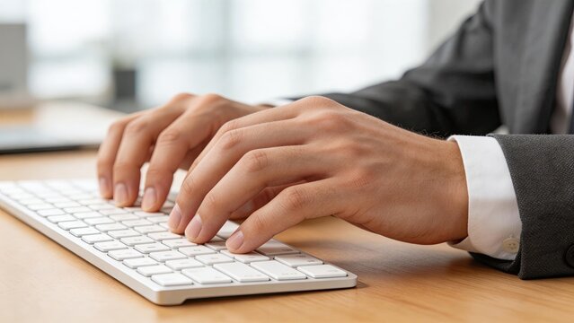 Closeup of male hands in business suit typing on a white computer keyboard at a wooden desk in a modern office representing corporate work data entry and professional technology