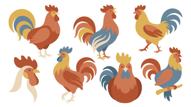 A group of colorful cartoon roosters standing together.
