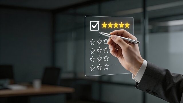 Business professional selecting five star rating on futuristic transparent interface customer satisfaction concept quality service evaluation feedback survey positive review