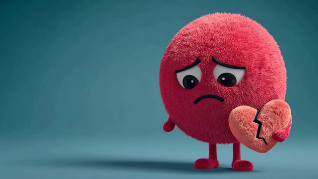 A fluffy, red, cartoon-style character with a sad expression clutches a broken heart, its large, expressive eyes conveying a deep sense of heartbreak and sorrow