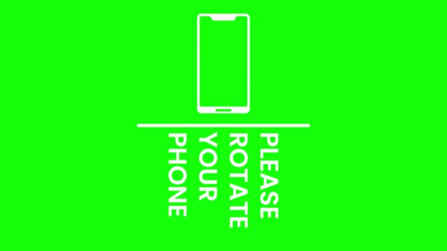 A bright green screen displays a white phone outline and a request to rotate the device