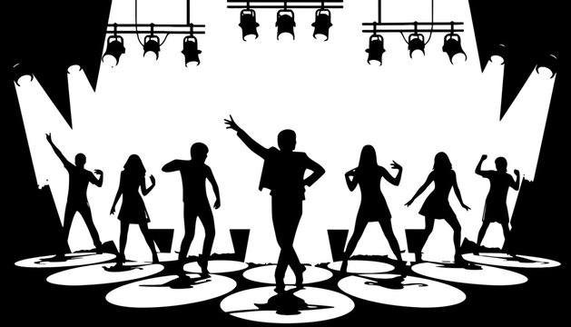 A dance silhouette illustration of people dancing on stage with spotlights