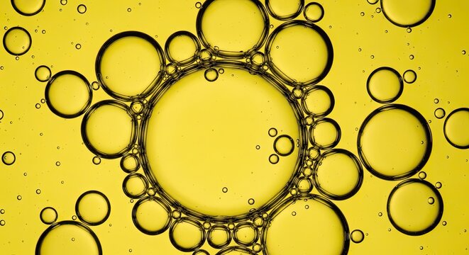 The image displays a macro photograph of a yellow liquid with numerous small, circular bubbles suspended within it.