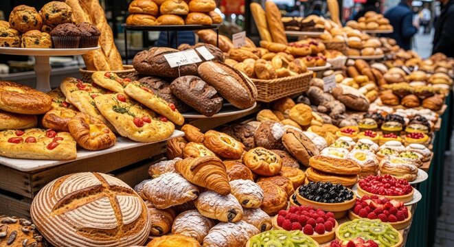 A bakery stall overflows with a vast assortment of freshly baked breads, pastries, and cakes.